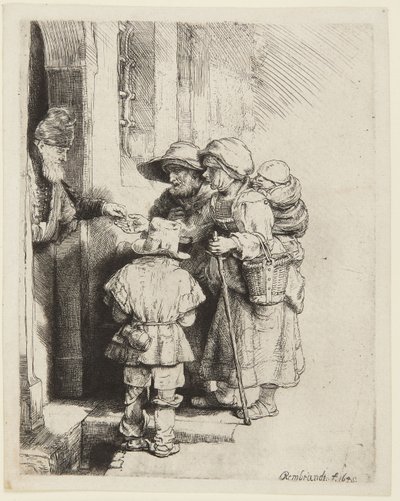 Ein blinder Drehleierspieler und Familie erhalten Almosen von Rembrandt van Rijn