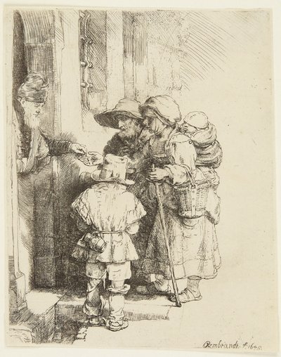 Ein blinder Drehleierspieler und Familie erhalten Almosen von Rembrandt van Rijn