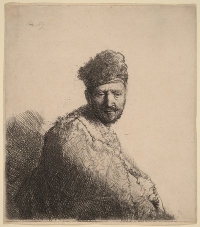 Bärtiger Mann in einer pelzbesetzten orientalischen Mütze und Robe: der Vater des Künstlers von Rembrandt van Rijn