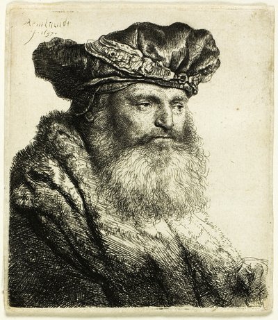 Bärtiger Mann mit Samtkappe und Juwelenverschluss von Rembrandt van Rijn