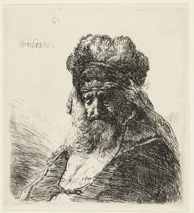 Bärtiger alter Mann mit hoher Pelzmütze, mit geschlossenen Augen von Rembrandt van Rijn