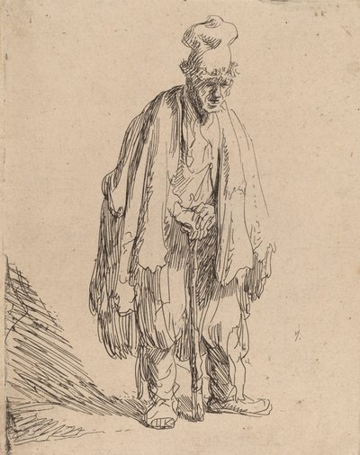 Bettler mit hohem Hut, stehend und auf einen Stock gestützt, um 1630 von Rembrandt van Rijn