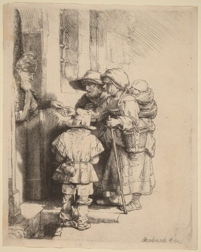 Bettler erhalten Almosen an der Tür eines Hauses von Rembrandt van Rijn