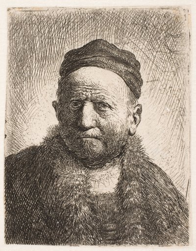 Büste eines Mannes (Rembrandts Vater) im Vollgesicht, mit enger Mütze von Rembrandt van Rijn