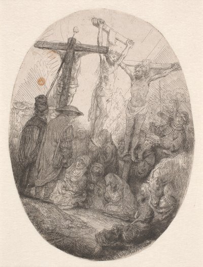 Christus gekreuzigt zwischen den beiden Dieben: eine ovale Platte von Rembrandt van Rijn