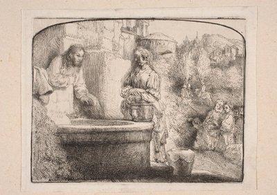 Christus und die Samariterin (Komposition oben mit Bogen abgeschlossen) von Rembrandt van Rijn