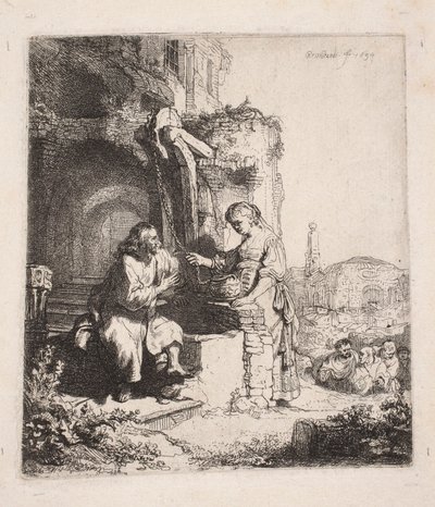 Christus und die Samariterin unter Ruinen (vertikaler Stich) von Rembrandt van Rijn