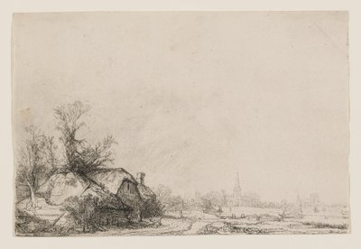 Häuser am Kanal mit Kirche und Segelboot von Rembrandt van Rijn
