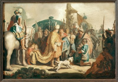 David kniet mit dem Haupte Goliaths vor Saul von Rembrandt van Rijn
