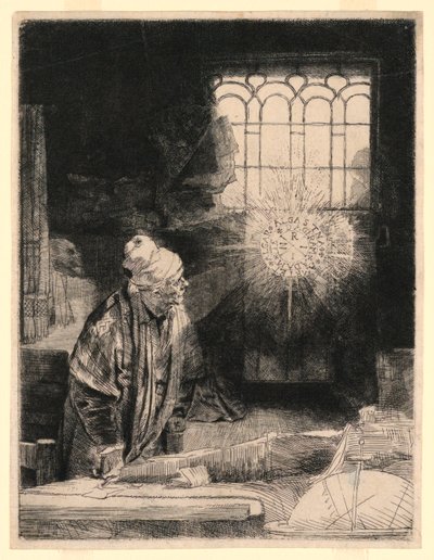 Faust in seinem Arbeitszimmer, beobachtet eine magische Scheibe von Rembrandt van Rijn