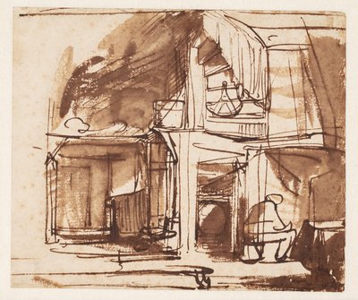 Innenraum mit Wendeltreppe und sitzendem Mann von Rembrandt van Rijn