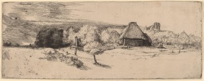 Landschaft mit Bäumen, Bauernhäusern und einem Turm von Rembrandt van Rijn