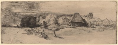 Landschaft mit Bäumen, Bauernhäusern und einem Turm von Rembrandt van Rijn