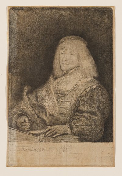 Mann am Schreibtisch, mit Kreuz und Kette von Rembrandt van Rijn