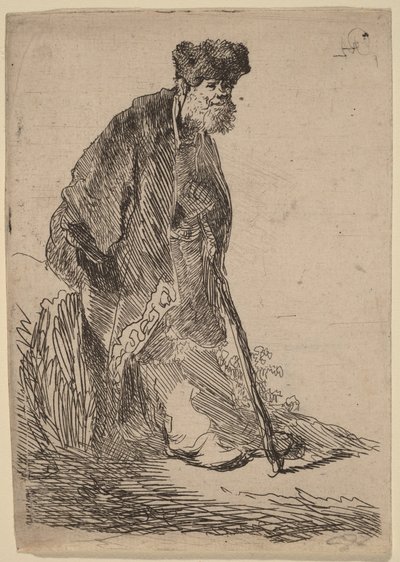 Mann in einem Mantel und Pelzmütze, der sich gegen eine Böschung lehnt von Rembrandt van Rijn