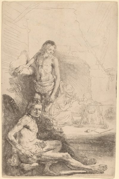 Nackter Mann sitzend und nackter Mann stehend, mit Frau und Baby im Hintergrund von Rembrandt van Rijn