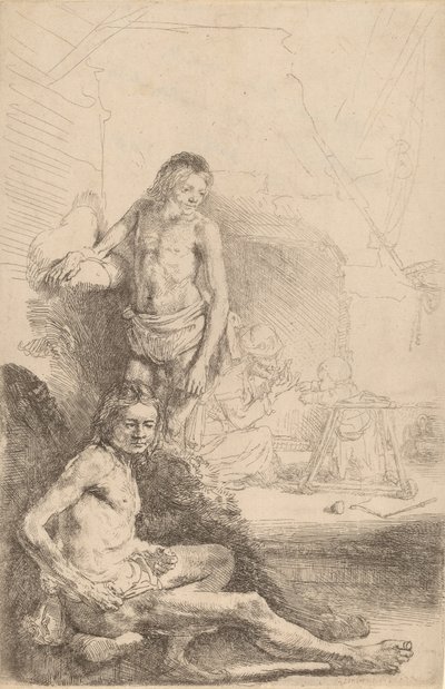 Sitzender nackter Mann und stehender nackter Mann, mit einer Frau und einem Baby im Hintergrund von Rembrandt van Rijn