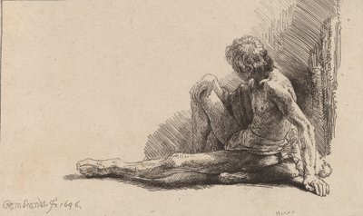 Nackter Mann, der auf dem Boden sitzt mit einem ausgestreckten Bein, 1646 von Rembrandt van Rijn