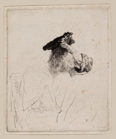 Alter Mann, der seine Augen mit der Hand beschattet von Rembrandt van Rijn