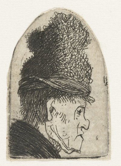 Profil eines Mannes mit hohem Hut (Groteskes Profil: Mann mit hoher Mütze) von Rembrandt van Rijn