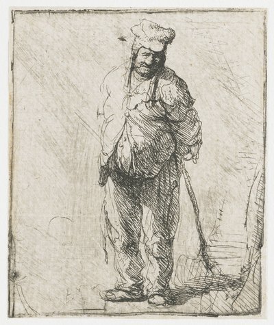 Zerlumpter Bauer mit hinter dem Rücken gehaltenem Stock von Rembrandt van Rijn