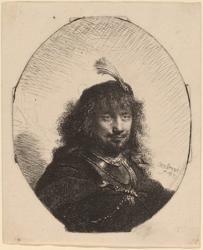 Selbstporträt (?) mit Federhut und gesenktem Säbel von Rembrandt van Rijn