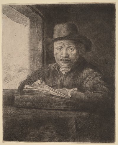 Selbstporträt Radierung am Fenster von Rembrandt van Rijn