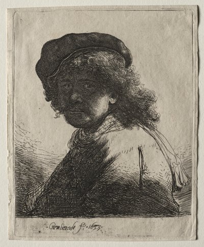 Selbstporträt mit Mütze und Schal, das Gesicht dunkel: Büste von Rembrandt van Rijn