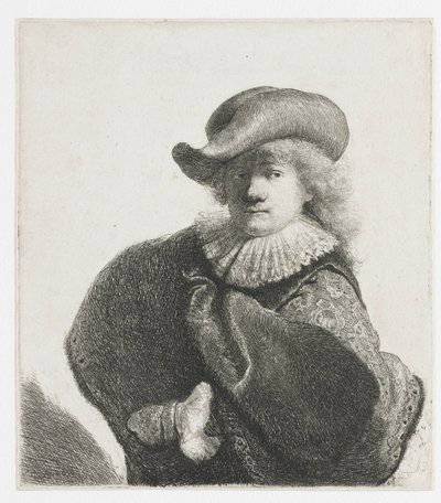Selbstporträt mit weichem Hut und gemustertem Umhang von Rembrandt van Rijn
