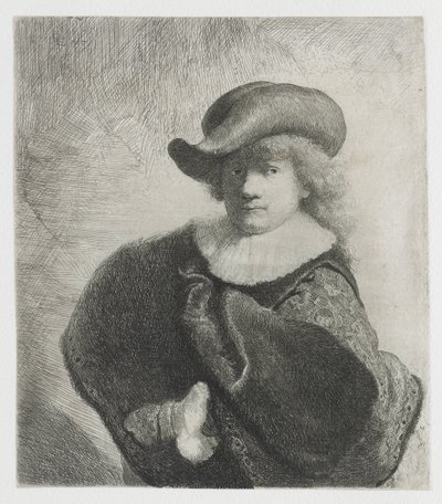 Selbstporträt mit weichem Hut und gemustertem Mantel von Rembrandt van Rijn
