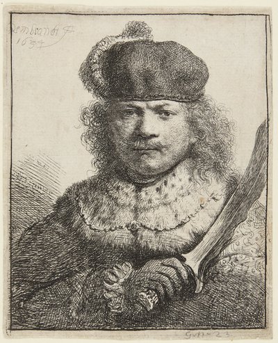 Selbstporträt mit erhobenem Säbel von Rembrandt van Rijn