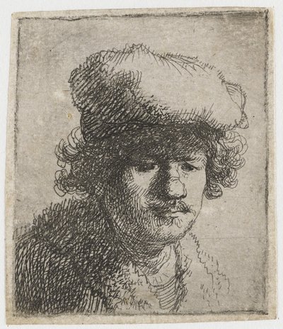 Selbstporträt mit nach vorne gezogenem Hut, ca. 1630 von Rembrandt van Rijn