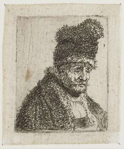 Blatt mit Studien von Männerköpfen: alter Mann im Pelzmantel und hoher Mütze von Rembrandt van Rijn