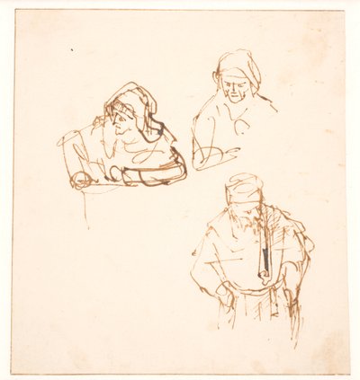 Skizze mit zwei Studien einer Frau und einer Studie eines Mannes von Rembrandt van Rijn