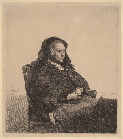 Die Mutter des Künstlers an einem Tisch sitzend, nach rechts blickend von Rembrandt van Rijn