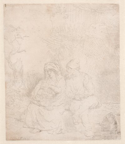 Die Rast auf der Flucht: leicht geätzt von Rembrandt van Rijn