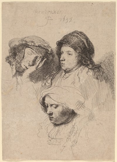 Drei Frauenköpfe, eine schläft von Rembrandt van Rijn
