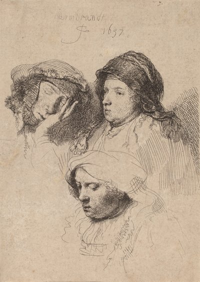 Drei Frauenköpfe, eine schlafend von Rembrandt van Rijn