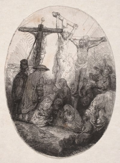 Kreuzigung zwischen zwei Schächern (ovale Platte) von Rembrandt van Rijn