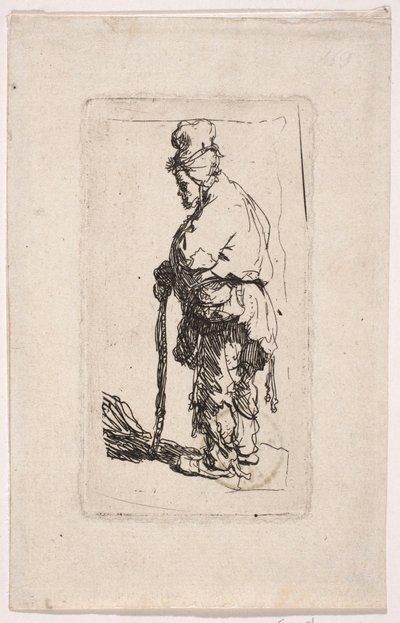 Bettler, auf einen Stock gestützt, nach links gewandt von Rembrandt van Rijn