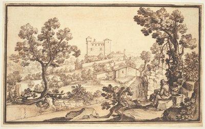 Landschaft mit einem ruhenden Mann, Bauernhäusern und einer Burg von Remigio Cantagallina