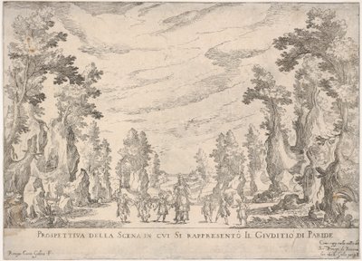 Ansicht der Szene, in der das Urteil des Paris dargestellt wird Prospettiva della scena i..., 1608 von Remigio Cantagallina