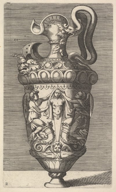 Vase mit zwei geflügelten Figuren, die einen Pfeiler drapieren, 17. Jahrhundert von Rene Boyvin