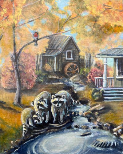Waschbären im Herbstbach von Renee Machan Cottagecore Artist