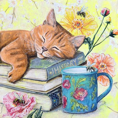 Schlafende Katze Zwischen Büchern von Renee Machan Cottagecore Artist