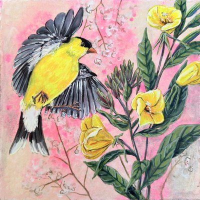 Lebendiger Stieglitz und Gelbe Blüten von Renee Machan Cottagecore Artist