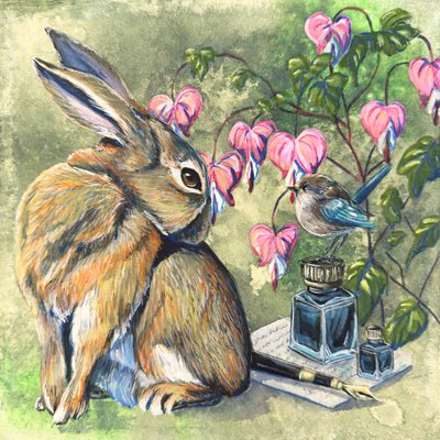 Verspieltes Kaninchen und Vogel von Renee Machan Cottagecore Artist