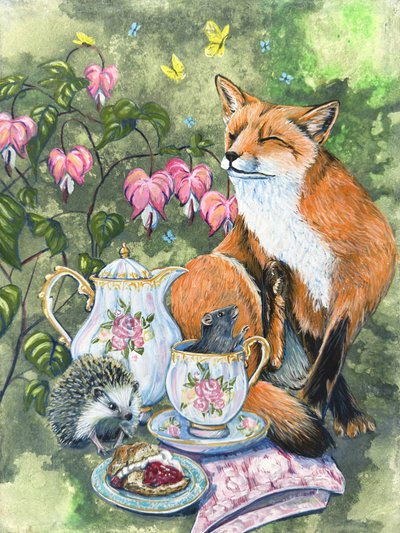 "Nachmittagstee" Fuchs, Igel und Maus mit Tränenden Herzblumen von Renee Machan von Renee Machan Cottagecore Artist