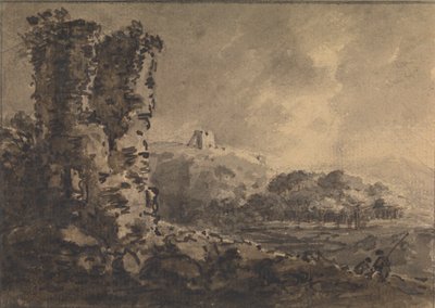 Klassische Landschaft mit Ruine links, zwei Figuren rechts von Rev. William Gilpin