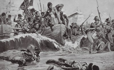 Die britischen Truppen erzwingen eine Landung in der Aboukir-Bucht vor den französischen Batterien von Richard Caton II (after) Woodville